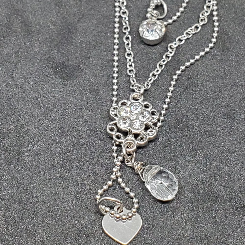 Silver Tone Ball Bead Layered Necklace Rhinestone